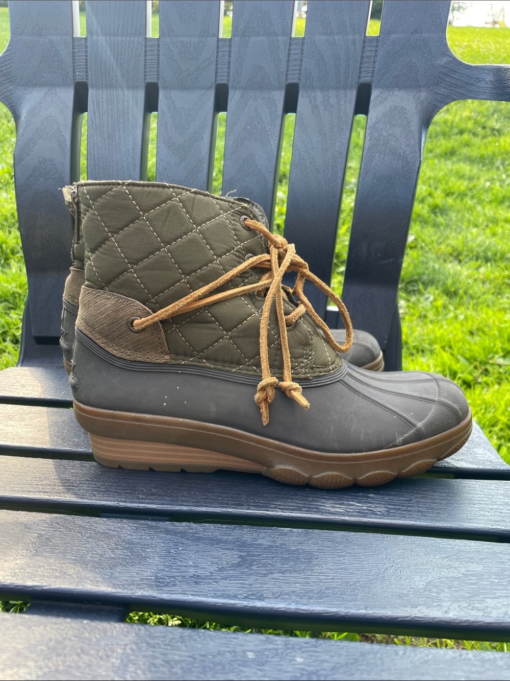 Sperry Olive Quilted and Brown Rubber Lace-Up Rain Boots